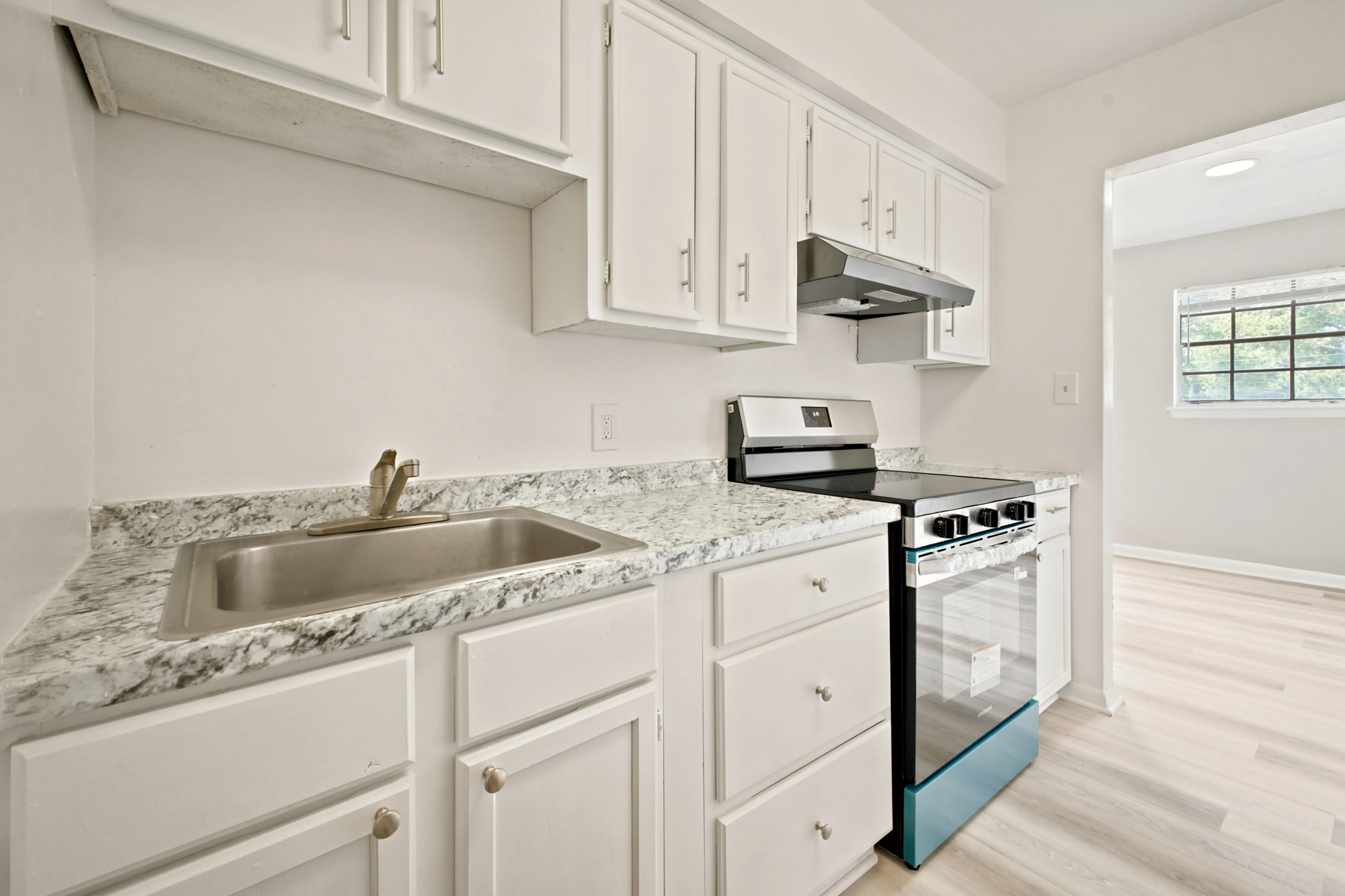 Kitchen sink and counters with plenty of cabinet space